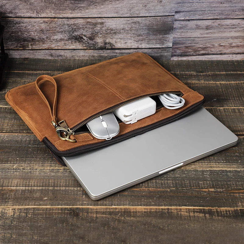 Crazy Horse Leather Laptop Sleeve Case com Zíper Macbook Pro Macbook Air 14.2 Polegada - Imagem 5