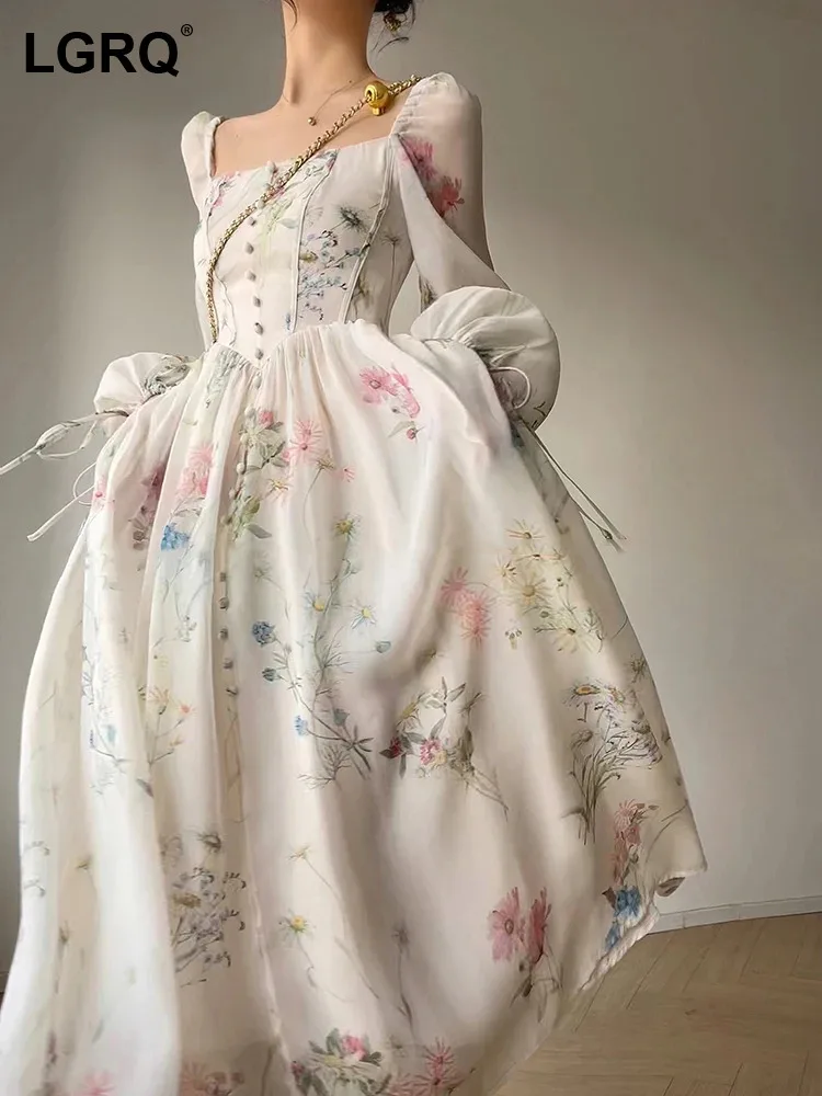 

LGRQ Women's Print Dress Fashion Square collar Long Sleeve lower waist elegant Dresses female 2024 summer New Clothing 3WQ3249