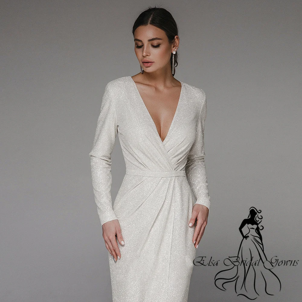Customized Wedding Dresses New Arrivals V-Neck Simple Long Sleeves Sequin Bride Dress Side Split Mermaid Elegant Party Gowns 3