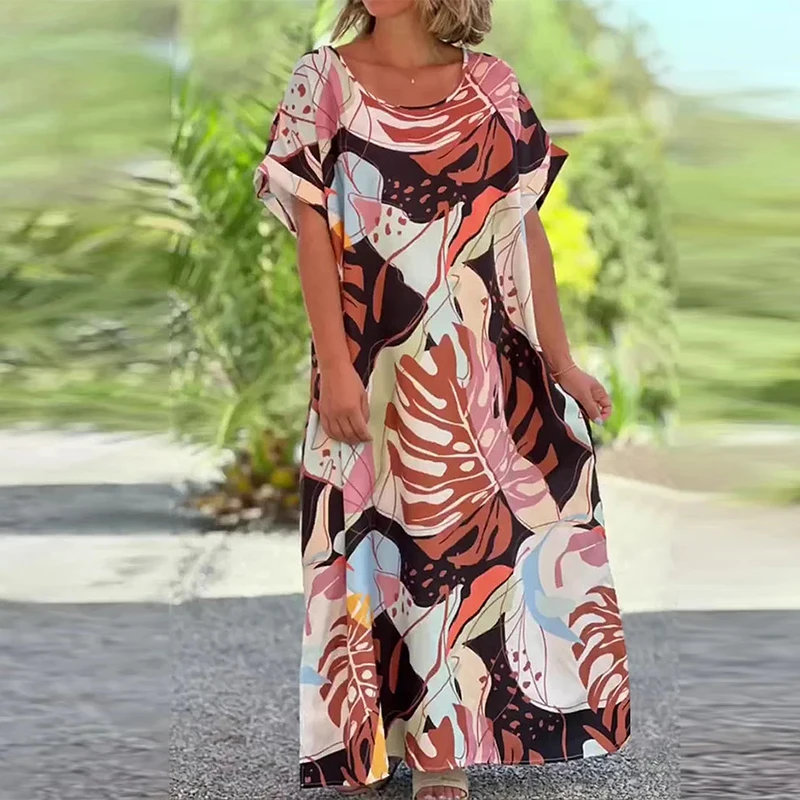 

Autumn Fashion Leaves Print Boho Long Dress Women Elegant Crew Neck Loose Party Maxi Dress Spring Short Sleeve Office Lady Dress