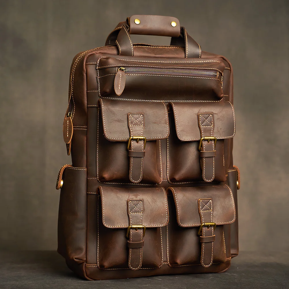 Genuine Leather Men's Backpack Vintage Bag Outdoor Travel Backpack Fitness bag Laptop Backpack Schoolbag For Laptop 17 Inch 2