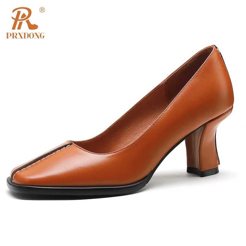 

PRXDONG Women's Pumps 2024 New Spring Summer Genuine Leather High Heels Square Toe Beige Brown Black Dress Work Female Pumps 39