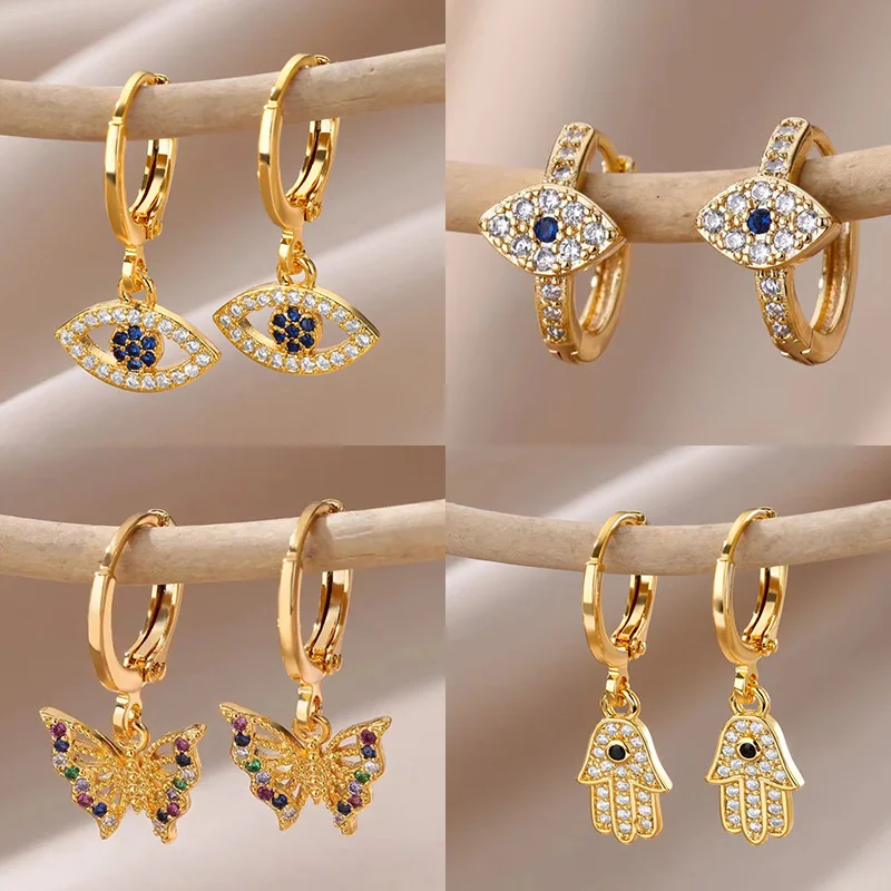 Zircon Evil Eye Earrings For Women Gold Color Stainless Steel