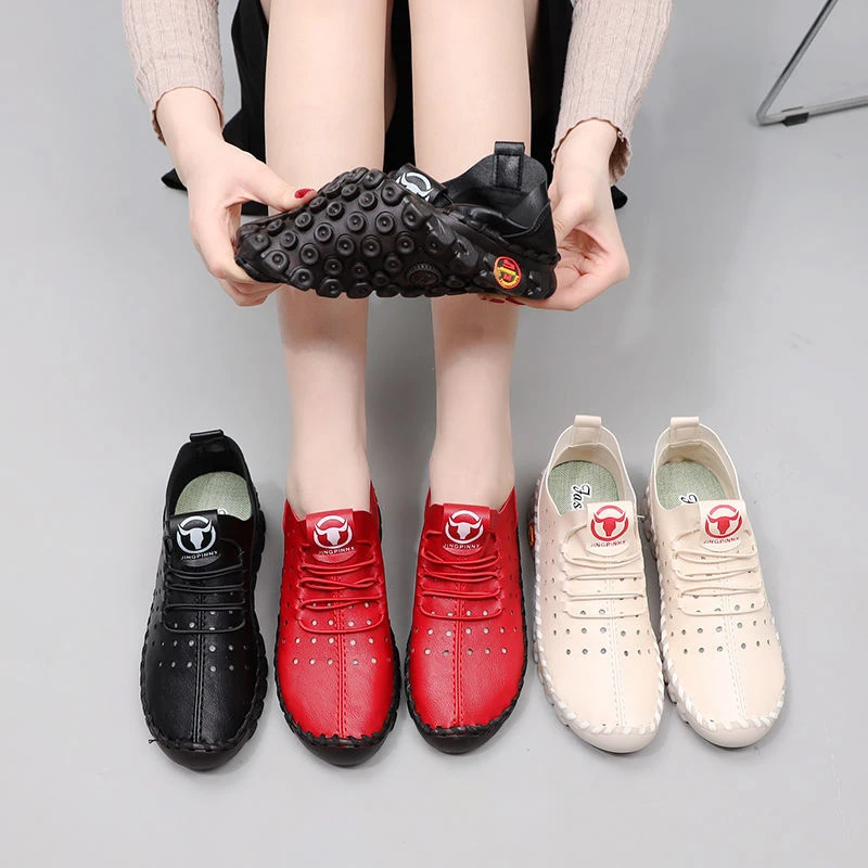 Zapatos deportivos de cuero para mujer, mocasines transpirables con cordones, suela color rojo, para caminar, 2022| | - AliExpress