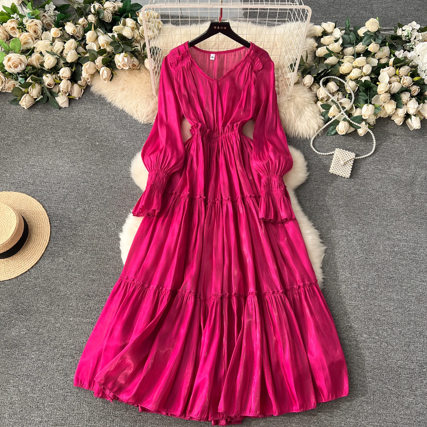 

Retro Satin Pleated Elegant V Neck Dress Lantern Sleeve Casual High Waist Dress Women Dress