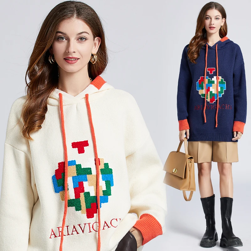 

Fashion Knit Hooded Sweater For Women Winter Warm Peach Heart Letter Embroidery Loose Pullover