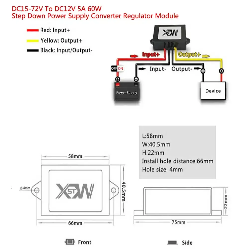 High-Efficiency DC Voltage Converter Step-Down Buck Regulator Transformer, 60W/18W Power Supply for Car and Solar Applications