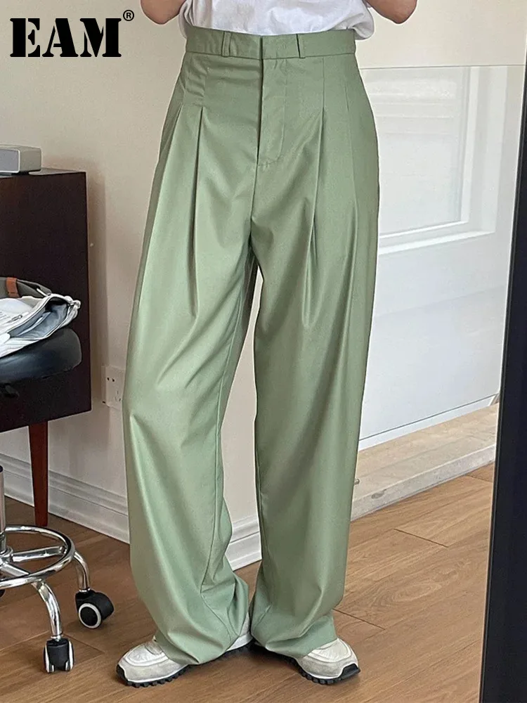 

[EAM] High Waist Green Pleated Casual Long Wide Leg Pants New Loose Fit Trousers Women Fashion Tide Spring Autumn 2024 1DF4465