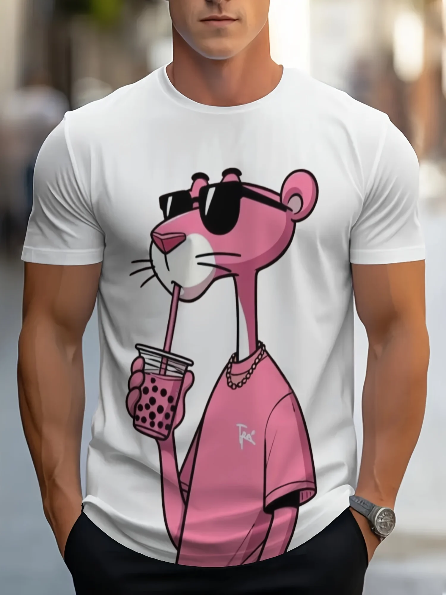 Summer New Mens T-shirts Cartoon Pink Panther Print Short Sleeve O-neck Tees Casual Loose Daily Sports Oversized Unisex Tops 3