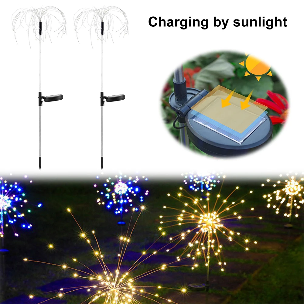 2Pcs Smart Sparklers Firework LED String Light Solar Fireworks Lights 8 Lighting Modes 200 LED Copper Wire Solar Firework Lights - 3