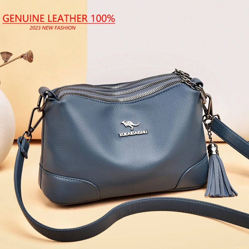 여성용 진짜 가죽 핸드백, 레이디 크로스바디 백, 절묘한 술 펜던트, 단색, 대용량, 2023 신상 럭셔리 핸드백