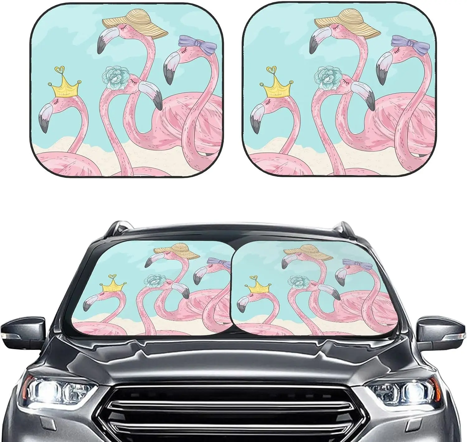 

Cute Tropical Flamingos Summer Car Windshield Sun Shade Auto Foldable 2 PC Sunshade for Car Truck SUV Blocks Rays Sun Visor