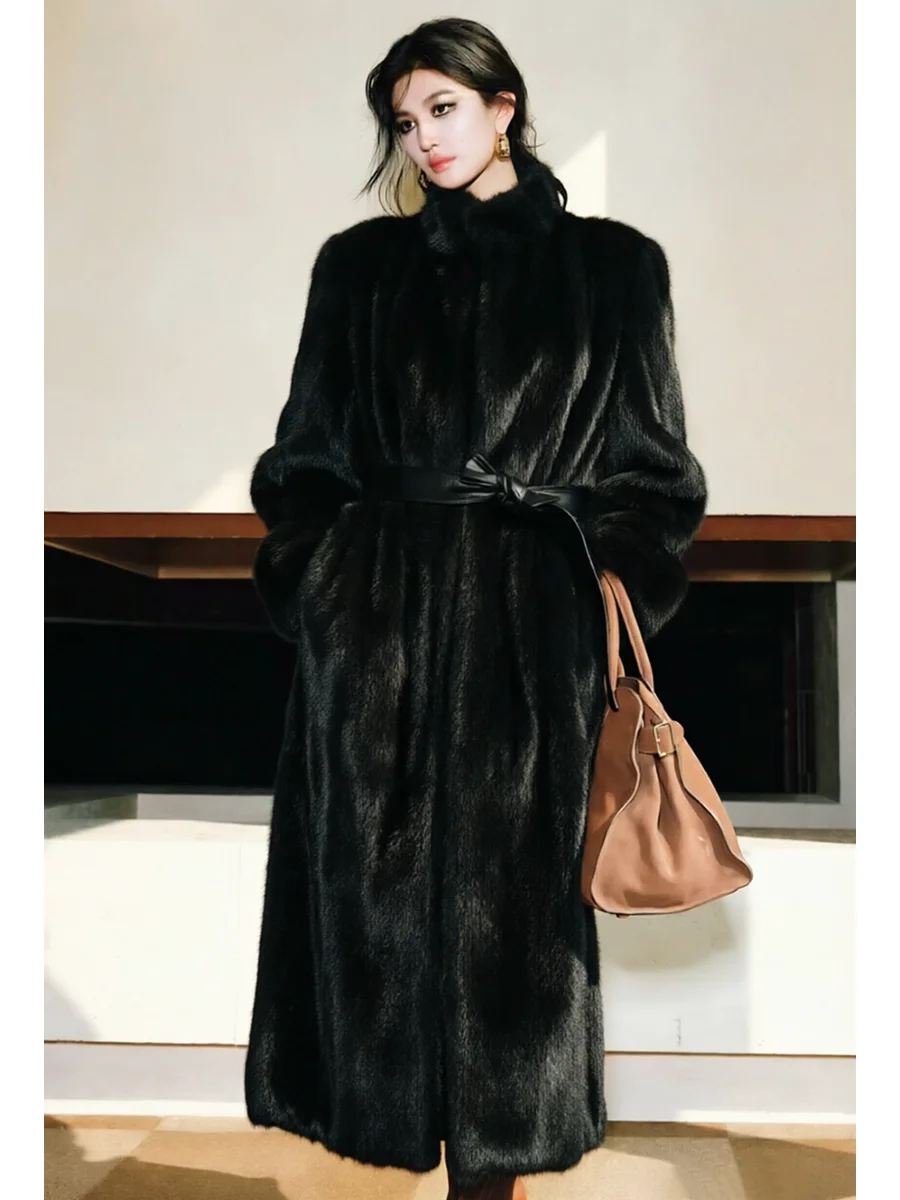 Lautaro Spring Winter Long Soft Thick Warm Brown Faux Mink Fur Coat Women Luxury High Quality Elegant Chic Fluffy Overcoat 2025