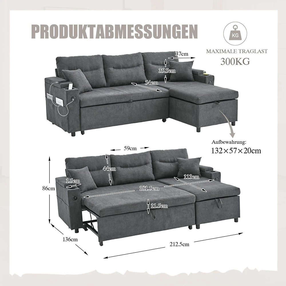 KOMHTOM Modernes 3-Personen-Leinensofa mit Stauraum, Getränkehalter, USB-C, Hydraulische Chaiselongue, Schubladenbett – Detail 18