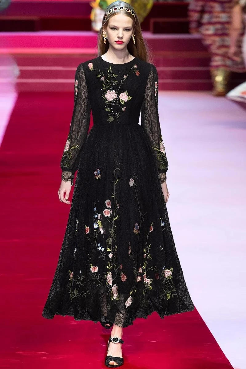 

Женское кружевное платье с вышивкой, элегантное черное платье с длинными рукавами и цветочной вышивкой, в европейском стиле, на осень, C653, 2023