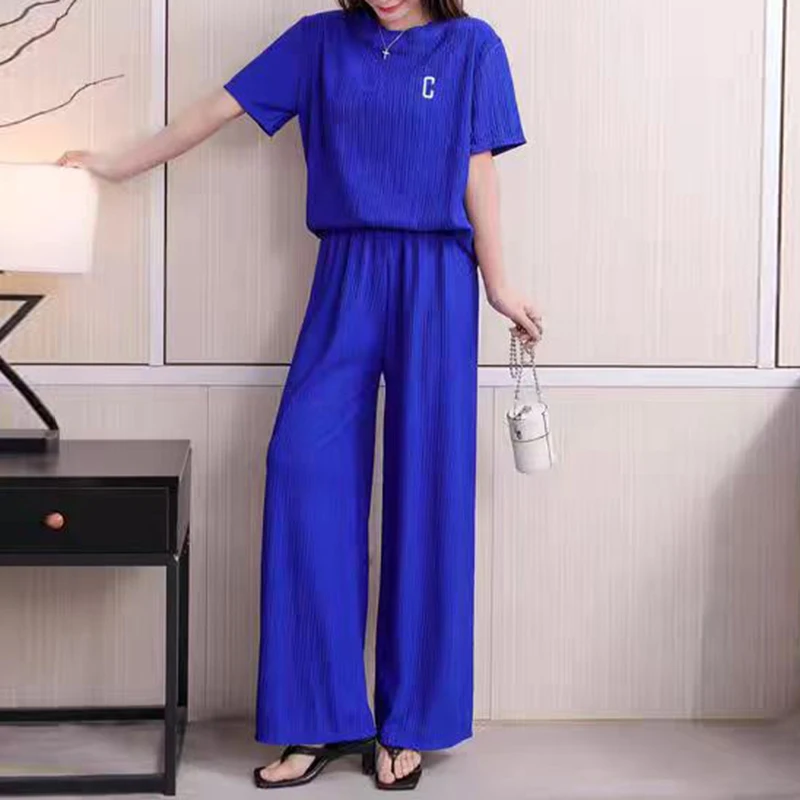 2024 Wrinkle Embroidery Short Sleeved Top Straight Wide Leg Long Pants Set Woman Causal 2 Pieces Pajamas Home Wear Loungewear
