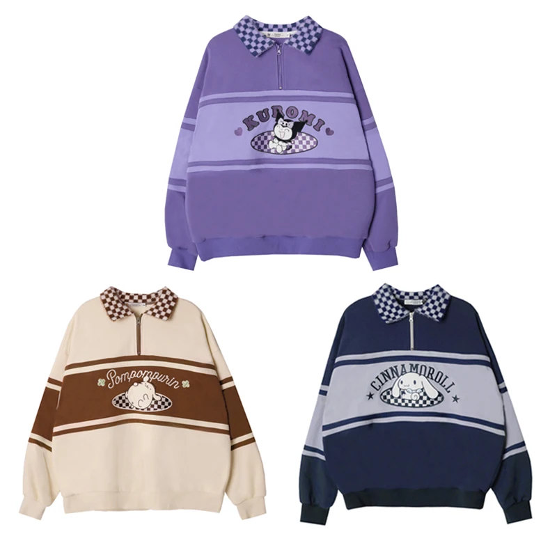 

Kawaii Sanrio Sweater Sports Wind Polo Shirt Spring Autumn Long-sleeved Anime Kuromi Cinnamoroll Girl Student Oversize Top