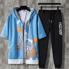 

Spring and Summer Zipper Suit Fashionable Casual All-Matching and Handsome Short Sleeve Korean Style Men's Youth Loose Hooded Ca