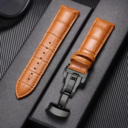 Elegant Genuine Leather Men's Watch Strap with Metal Butterfly Buckle - 22mm (Light Brown - Black)