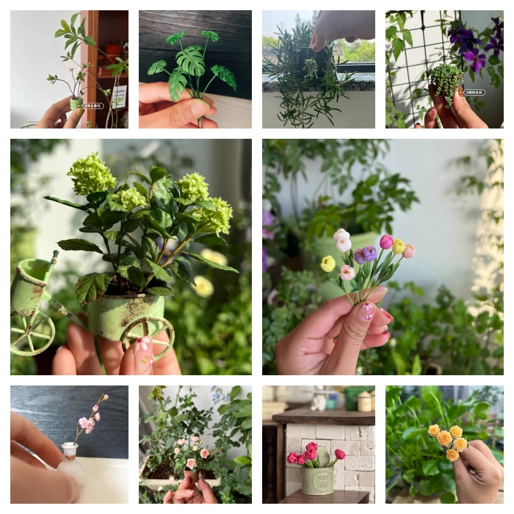 Miniature Flowers Clay Green Plant Rose Fleshiness Model Doll Wedding Bouquet Stage Party Room Decoration DollHouse Accessories glass hookah set 2 hoses water pipe smoking ceramic shisha bowl clay chicha head flower decoration base bottle 28cm nargile