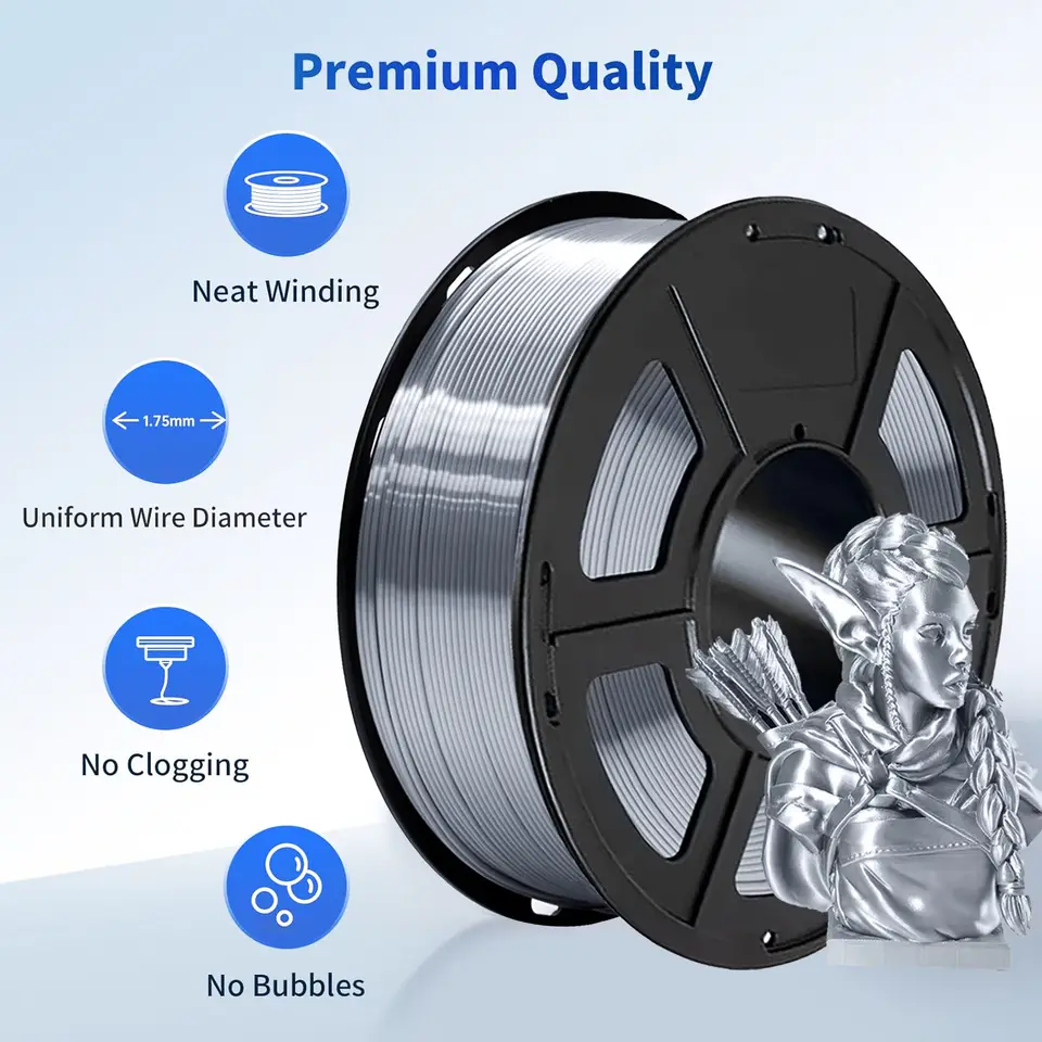 3D Filament 1.75, Shiny Silk PLA Filament with Smooth Silky Surface,Dimensional Accuracy +/- 0.02mm,Silk Silver 250G image 3