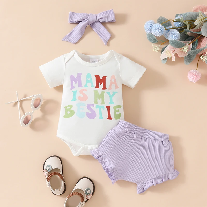 

Baby Girls Summer Outfits Letter Print Short Sleeve Romper and Ruffled Ribbed Shorts Cute Headband 3 Piece Clothes