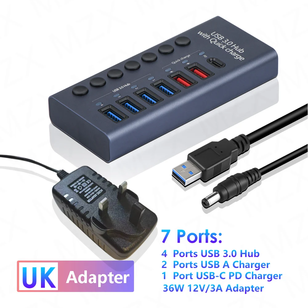 Premium Aluminum USB 3.0 Hub with Multiple Ports and Switch Adapter