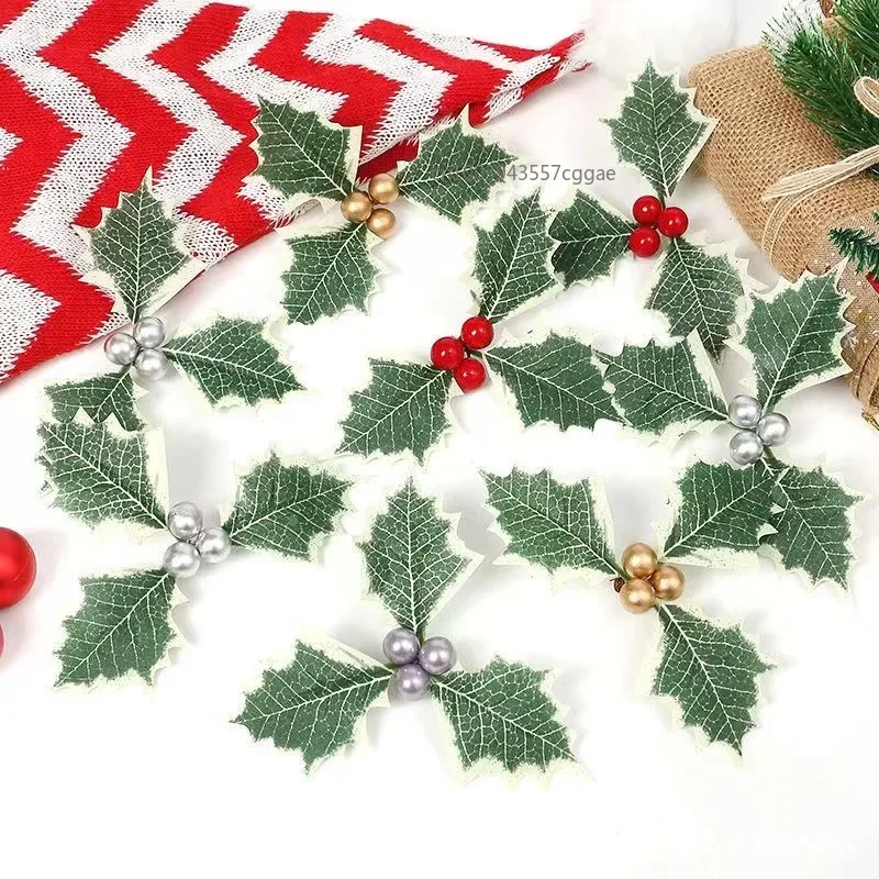 50-5Pcs Christmas Holly Leaves Artificial Red Berries Flower DIY Christmas Wreath Ornaments For 2025 Xmas New Year Decor Navidad