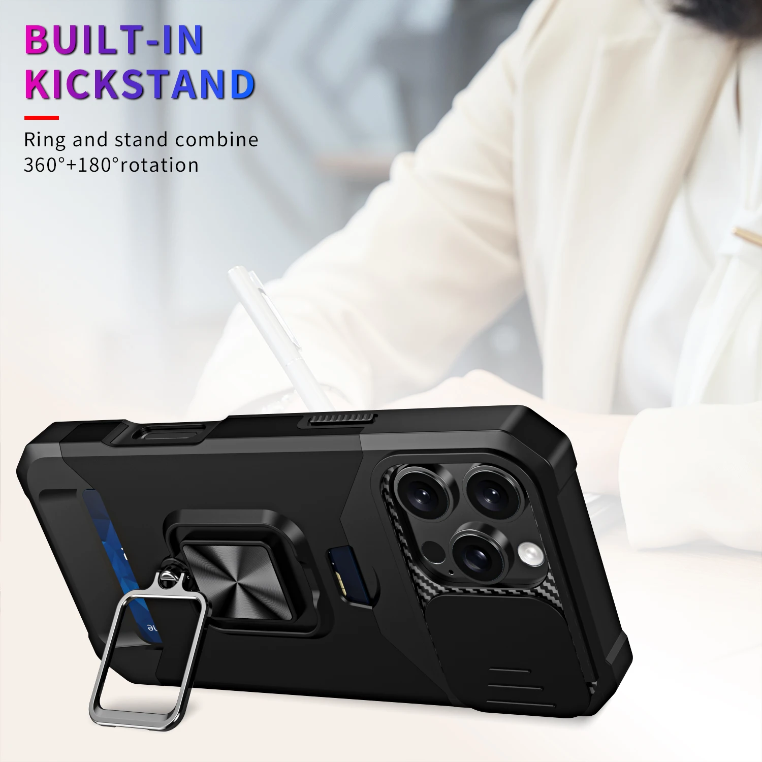 Phone Case with Slide Camera Cover, Card Holder, Ring Stand, and Wallet Slot