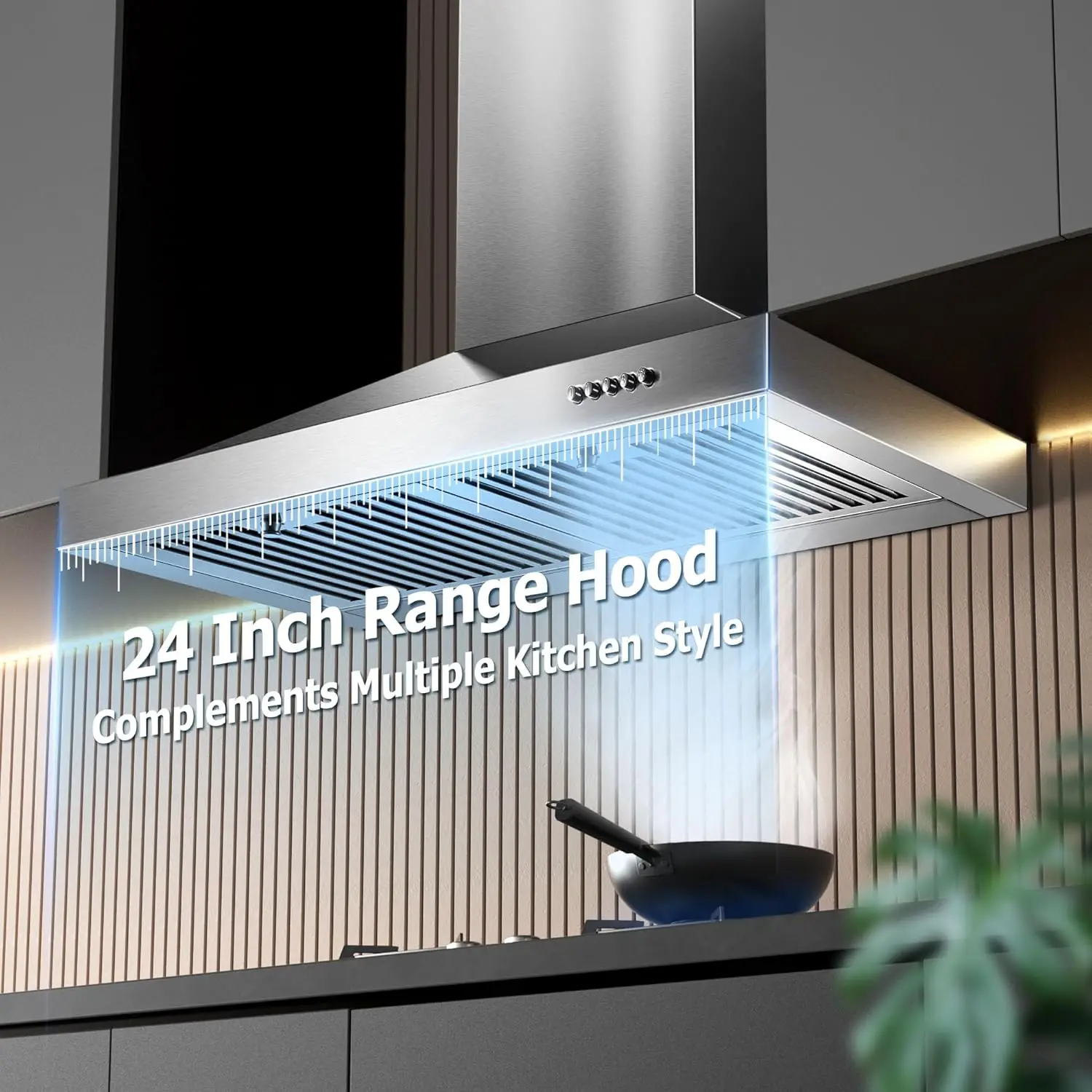24 Inch Range Hood, Wall Mount Vent Hood in Stainless Steel with Ducted/Ductless Convertible Duct, 3 Speed Exhaust Fan, Energy