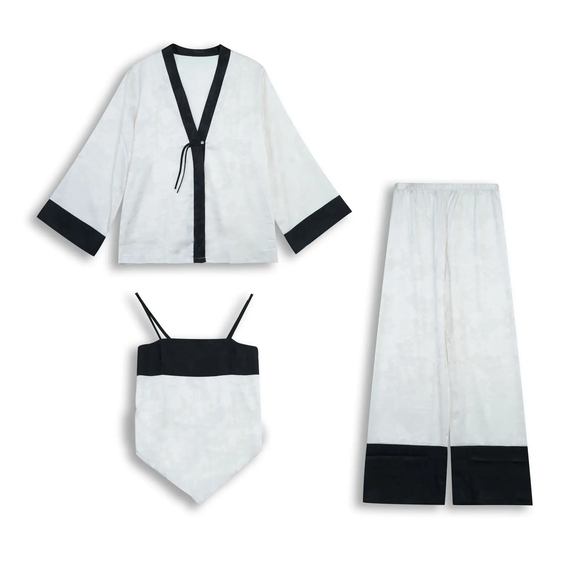 Pajamas Women's Ice Silk Spring and Summer Cardigan Suspender Pants Three Piece Set of High-end Home Clothing  Worn Externally