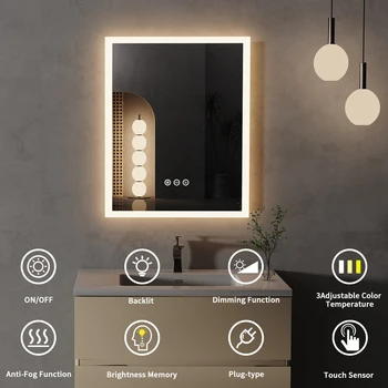 16x20 inch LED Lighted Bathroom Mirror with Anti-Fog, Wall Mounted Vanity Mirror with Smart Touch Button, Memory Function 3
