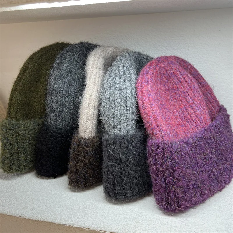 Contrast Dome Knitted Beanies Winter Women's Retro Warm Outdoor Woolen Brimless Caps Fashion Versatile Hats_voghion.com