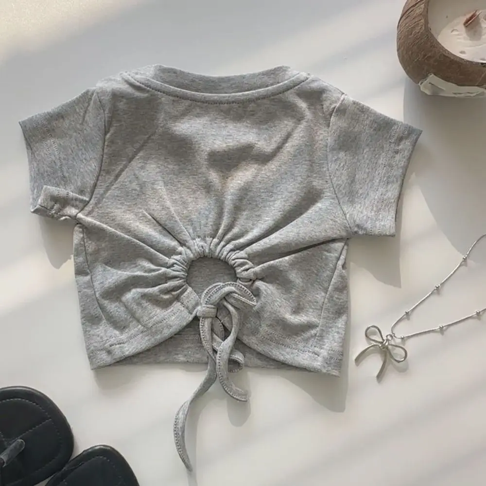 Fashion Lace Up Teens Bow T-shirts Korean Style Short Sleeve Slim Crop Top Summer Sweet Girl's Top Students