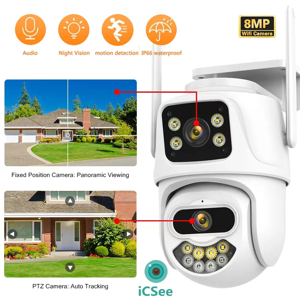 4K 8MP HD Wifi PTZ Camera Dual Lens AI Auto Tracking video surveillance Wireless Outdoor Surveillance Camera iCSee