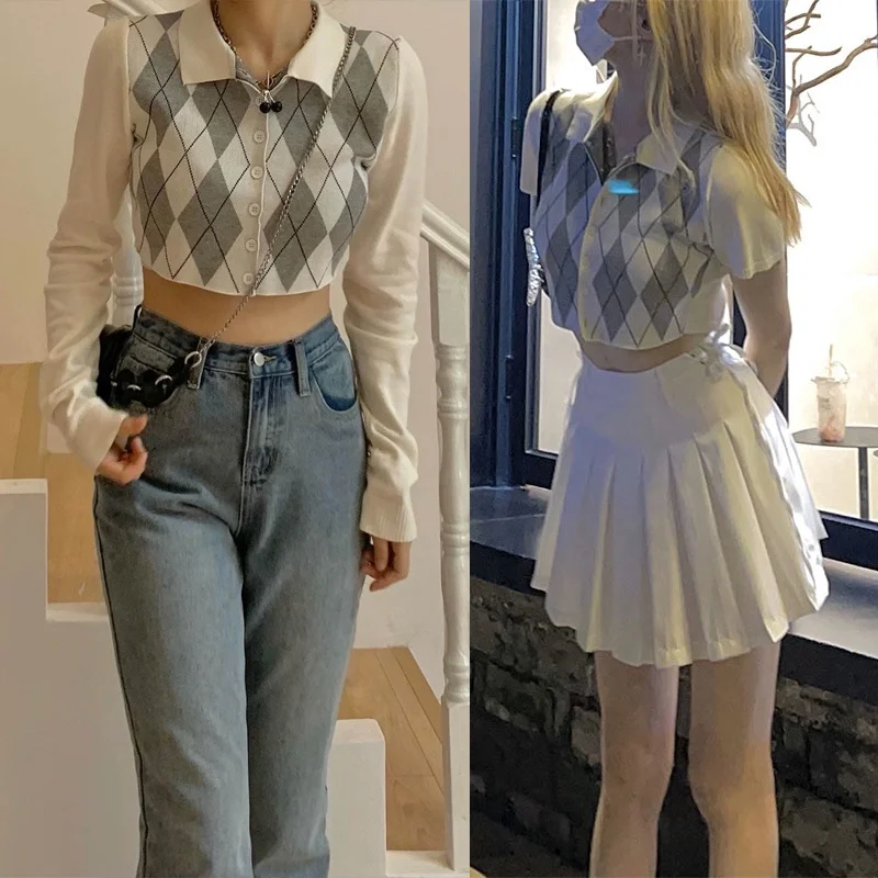 

American vintage plaid knitted cardigan top for women