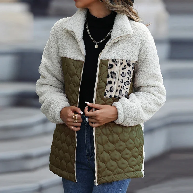 

Fashion Zipper Stand Collar Patchwork Coat Autumn Winter Women Lamb Wool Jacket Casual Ladies Pocket Straight Loose Padded Coat