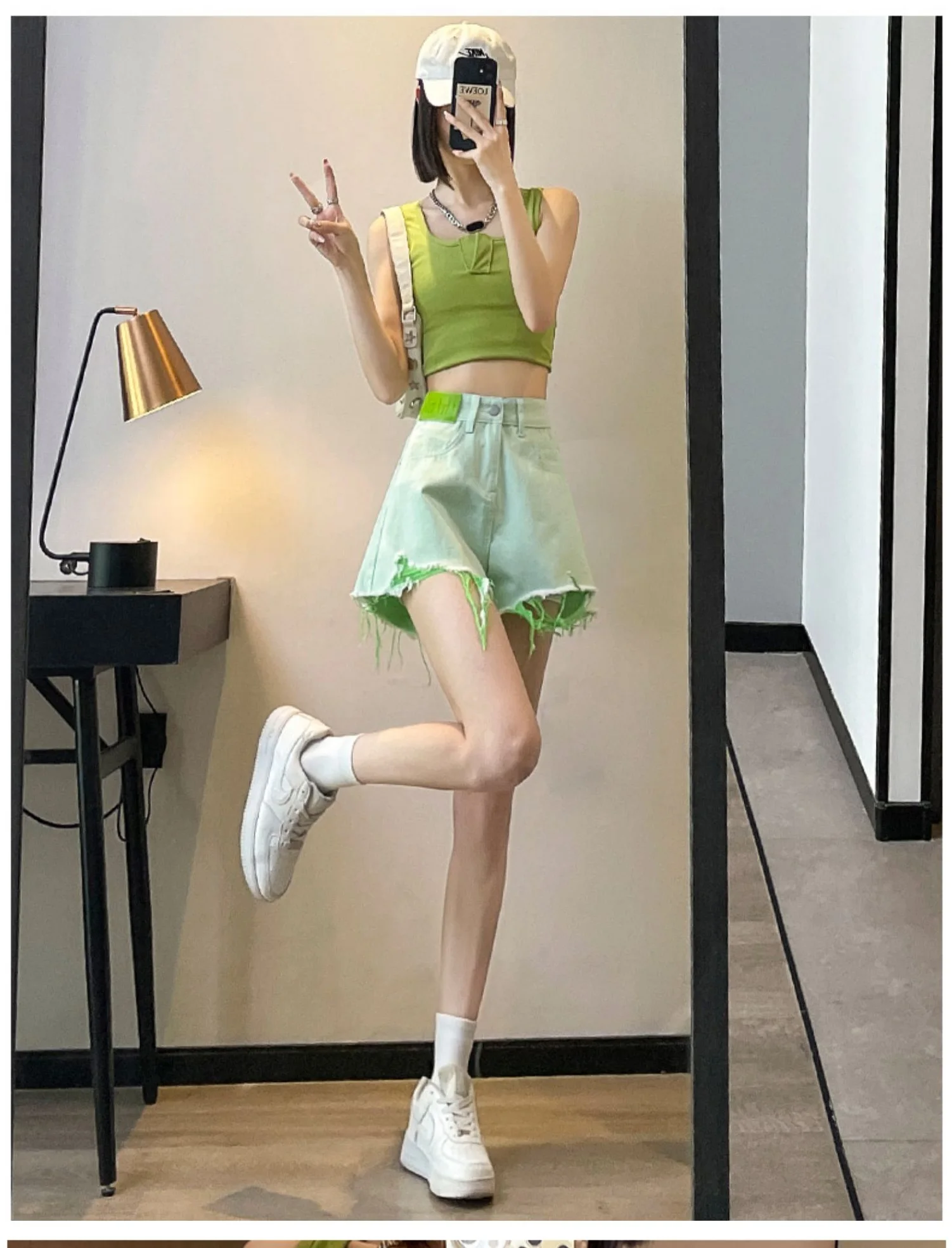 Perforated denim shorts for women's summer thin 2023 new high waisted small loose fitting wide leg hot pants trend