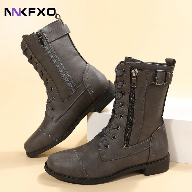 

2023 Women Classic Brown Black Grey Ankel Boots Autumn Winter Round Toe Square Heels Boots Front Lace Up Side Zipper Boots QB388