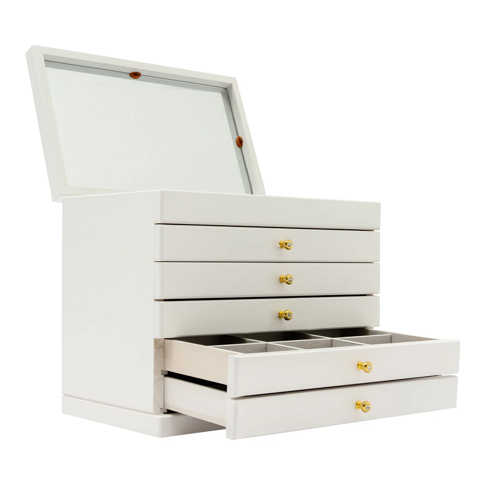 Anspruchsvoller 6-stöckiger Schmuck-Organizer, hergestellt mit Glasplatte und Plüsch-Samt-Innenräumen, moderne Aufbewahrungsbox für weißes Ring-Display – Detail 23