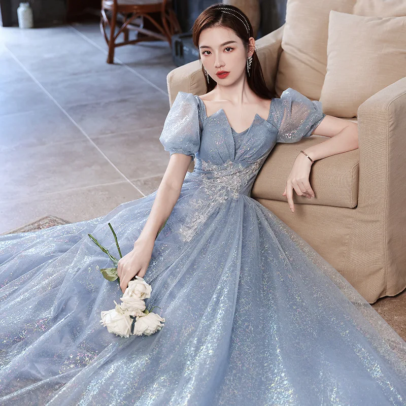New greydish blue long lady girl women bridesmaid banquet party ball prom dress performance gown