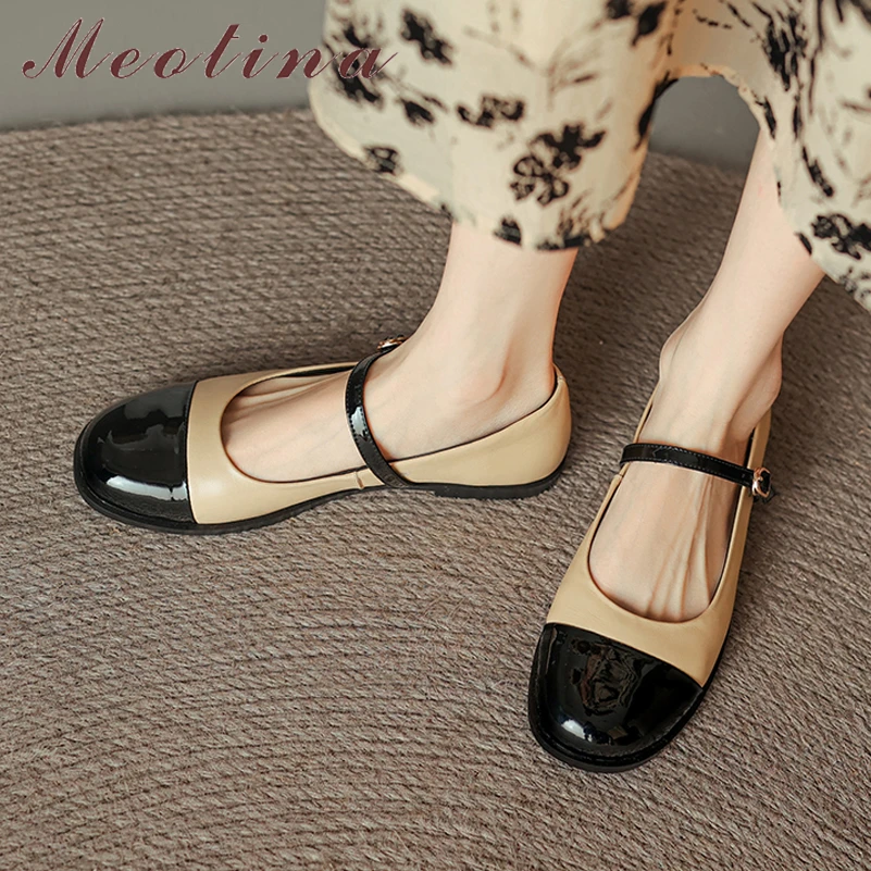 

Meotina Women Genuine Leather Mary Janes Round Toe Flats Buckle Mixed Colors Ladies Fashion Casual Shoes Spring Autumn 42