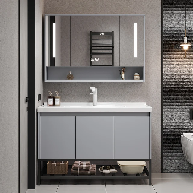 ตู้ห้องน้ำแบบมีฉากกั้น ดีไซน์ไม้โอ๊ค ซ่อนของใช้ในห้องน้ำ พร้อมกระจกแต่งหน้า ดูหรูหรา เฟอร์นิเจอร์โรงแรม 1