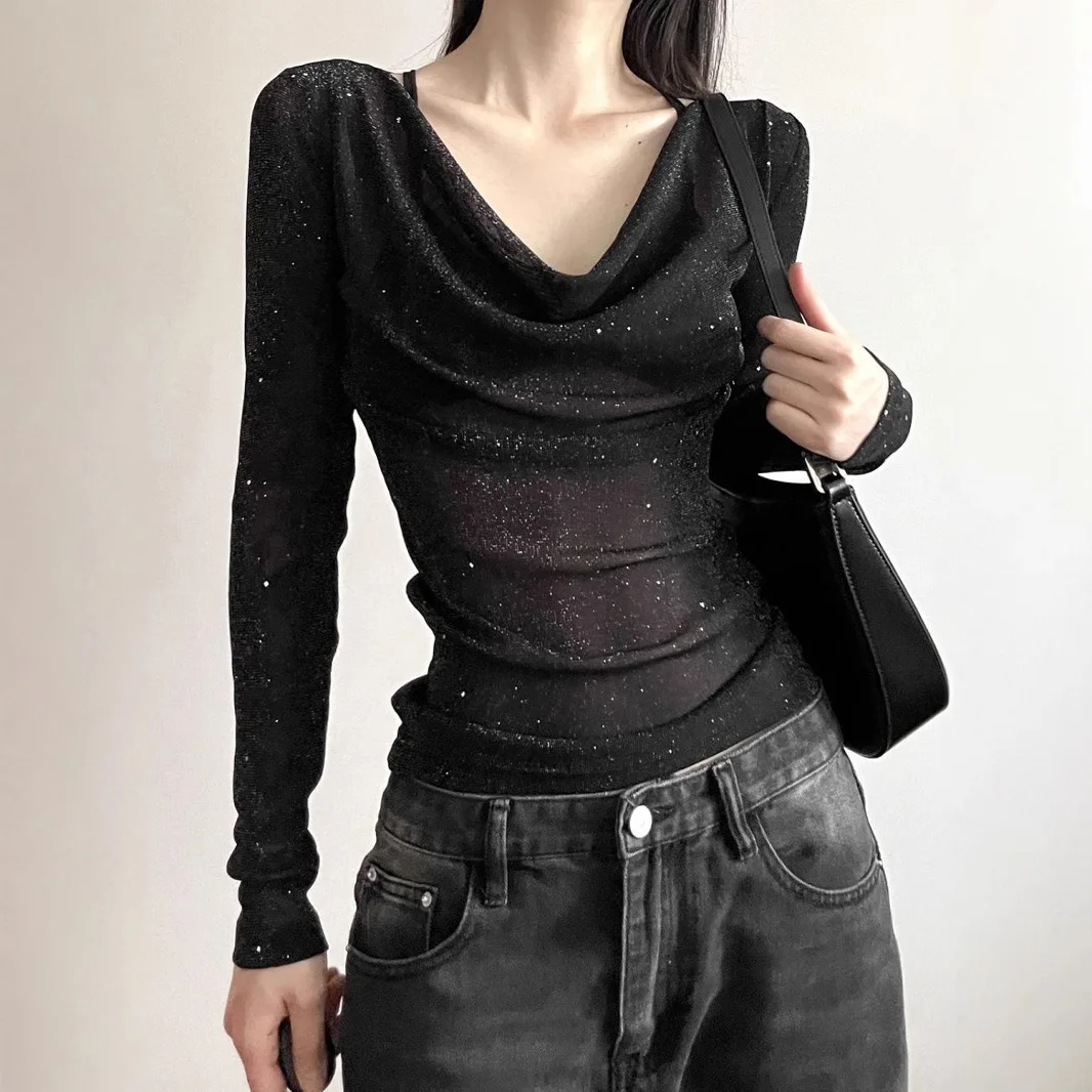 Black Sequined V Neck Loose T Shirt for Women