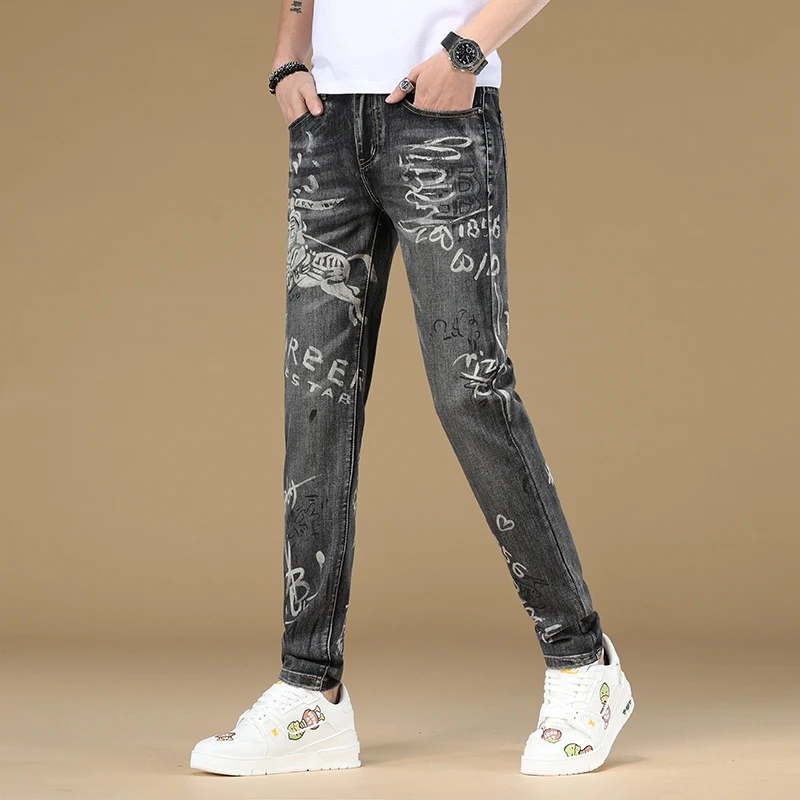 Trendy Embroidered Printed Light-Colored Men's Jeans Stretch Slim Fit Skinny Spring and Summer New Fashionable High-End Trousers