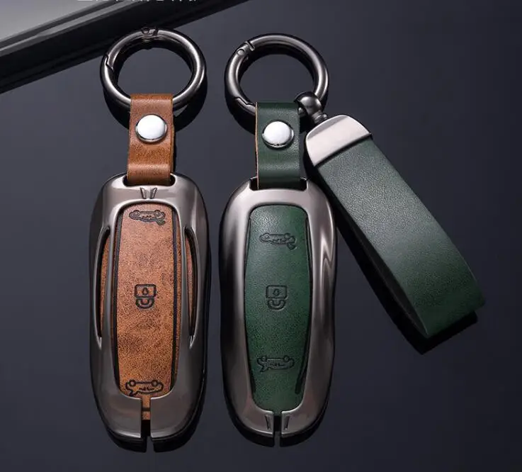 Zinc Alloy Leather Key Case Cover Holder with Protector Keychain