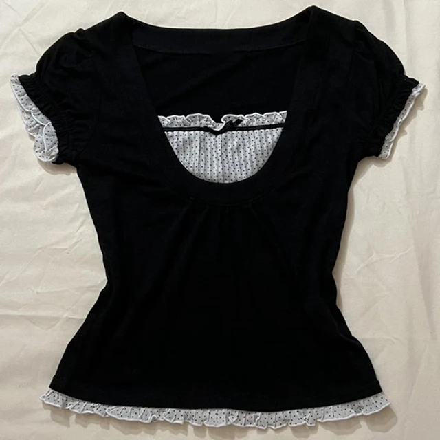 T-shirt patchwork coréen Kawaii pour femme, haut court à manches courtes, col carré, esthétique Y2K, Vintage Milkmaid, Fairycore Grunge 1