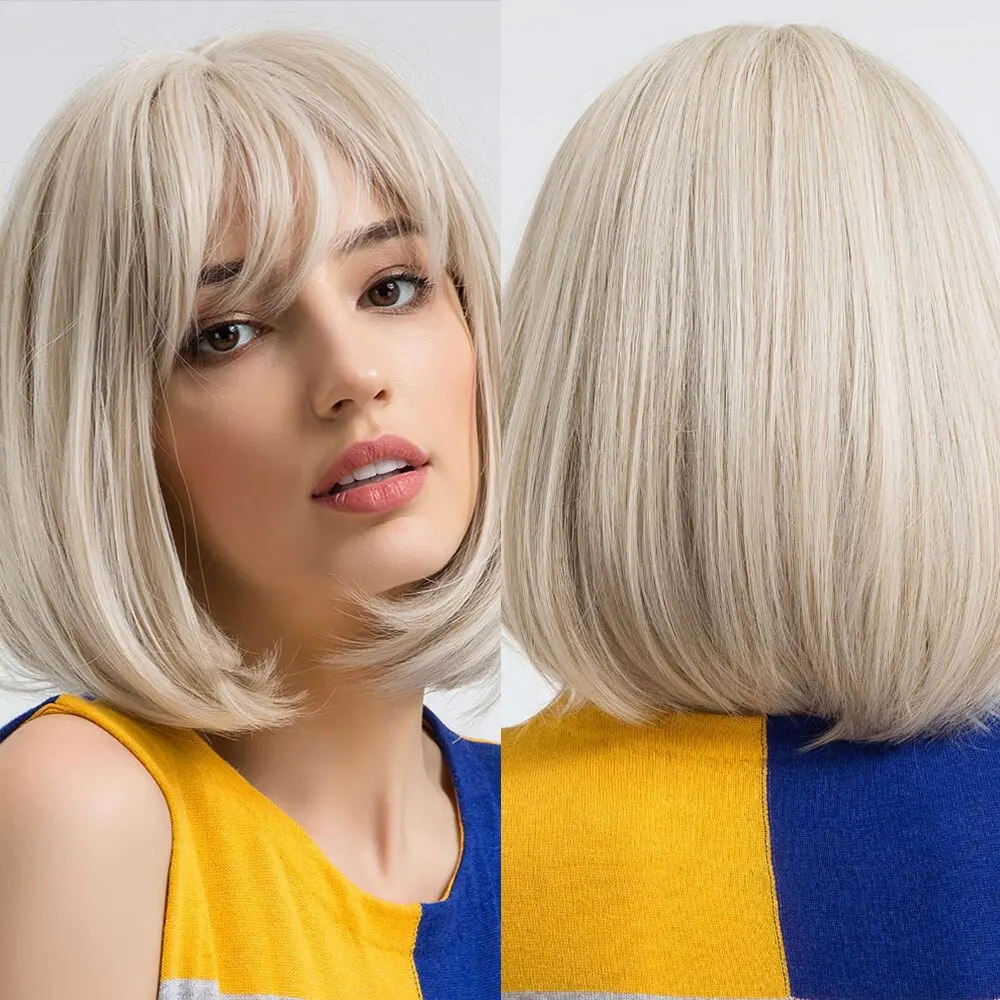 Platinum Wigs For White Women Short Bob Wigs With Bangs Natural Looking