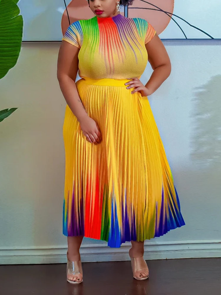 

Women Summer 2 Piece Dress Sets Mock Neck Short Sleeve Tie Dye Pleated Skirt Suit Casual Fashion Big Size Two Piece Outifits