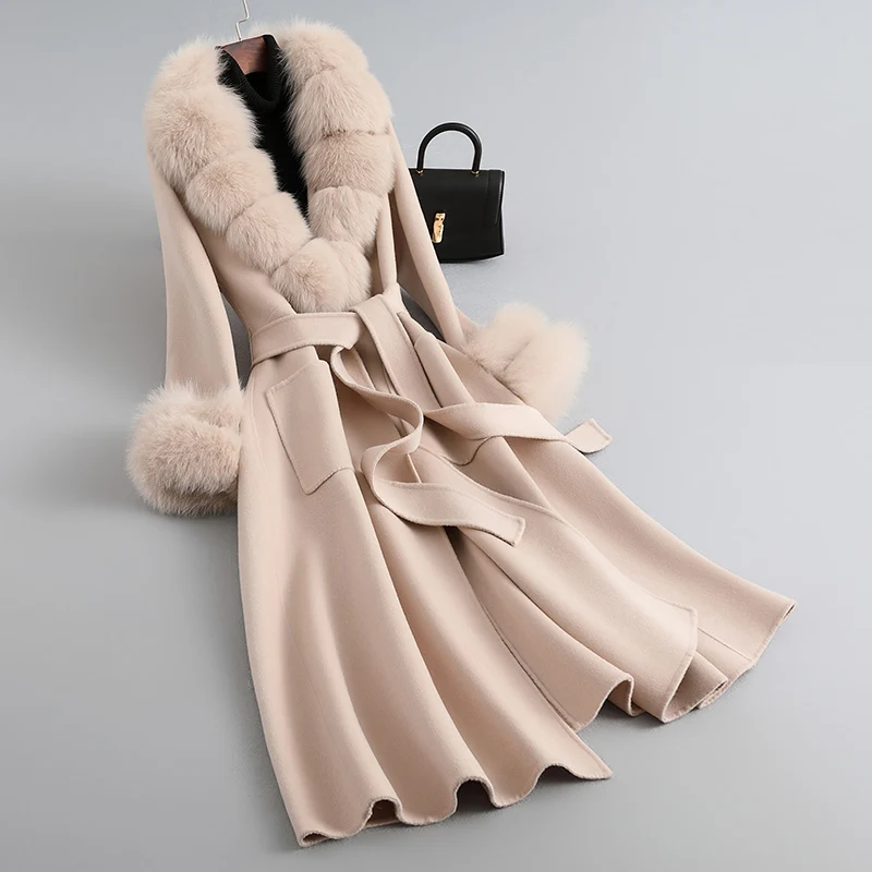 Pudi 2023 New Fashion Real Wool Blends  Women Coat Winter Warm Genuine Fox Fur Collar Hot Lady Jacket CT357